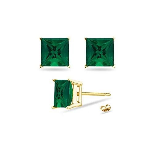 0.49-0.63 Cts of 4 mm AAA Princess Russian Lab Created Emerald Stud Earrings in 14K Yellow Gold