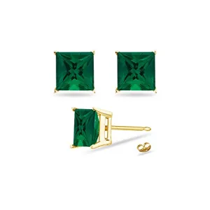 0.49-0.63 Cts of 4 mm AAA Princess Russian Lab Created Emerald Stud Earrings in 14K Yellow Gold