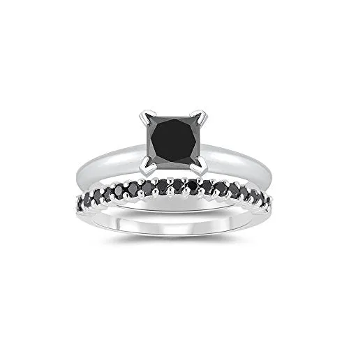1.44 Cts Black Diamond Matching Ring Set in 14K White Gold-6.5