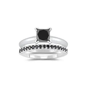 1.44 Cts Black Diamond Matching Ring Set in 14K White Gold-6.5