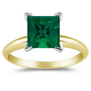 1.50 Cts of 7 mm AAA Princess Russian Lab Created Emerald Solitaire Ring in 14K Two Tone Gold