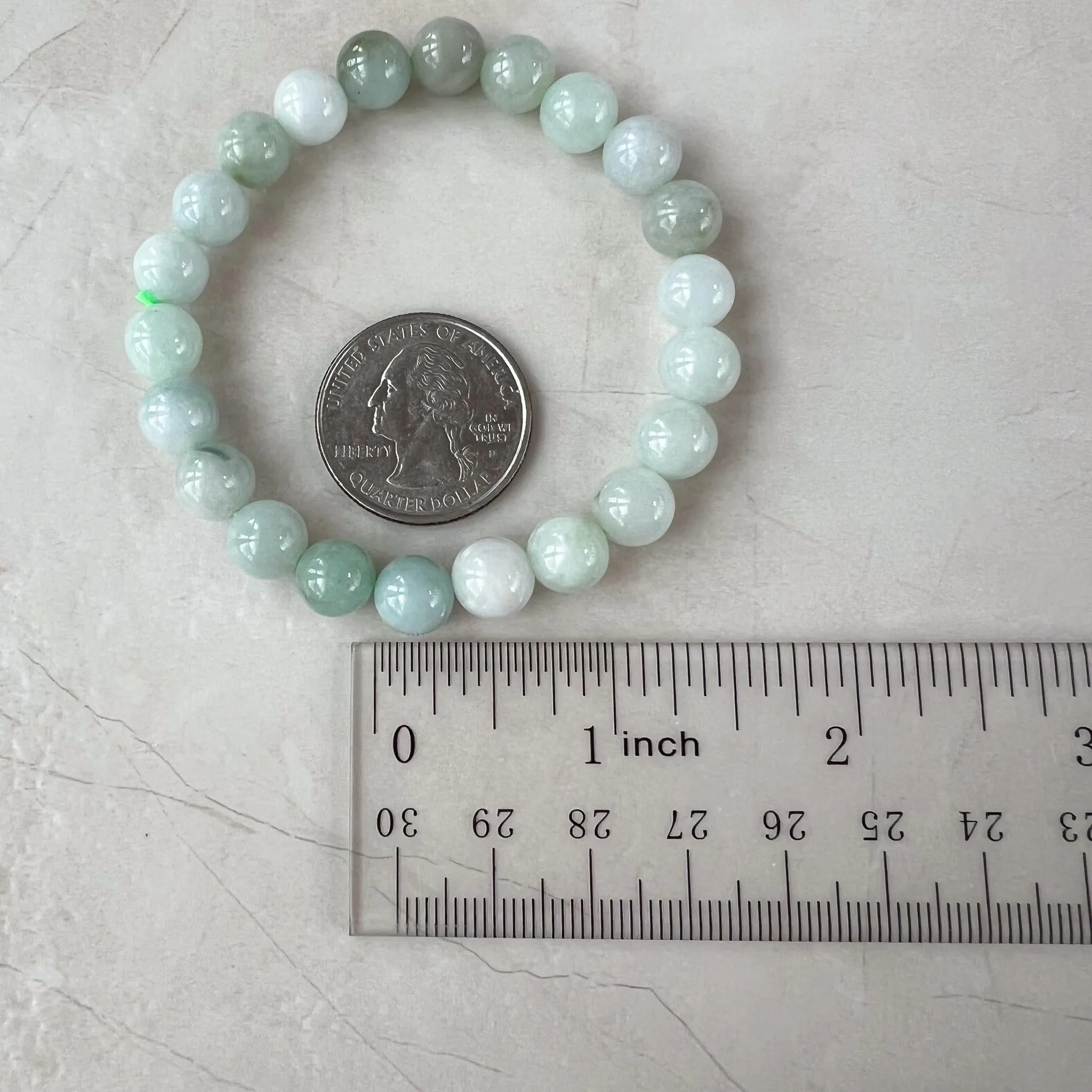 8.0 mm Light Green White Natural Jadeite Jade Small Beaded Bracelet, GEM-0424-1727410563