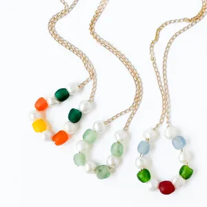 Adjustable Recycled Beads and Freshwater Pearls Necklace - WS