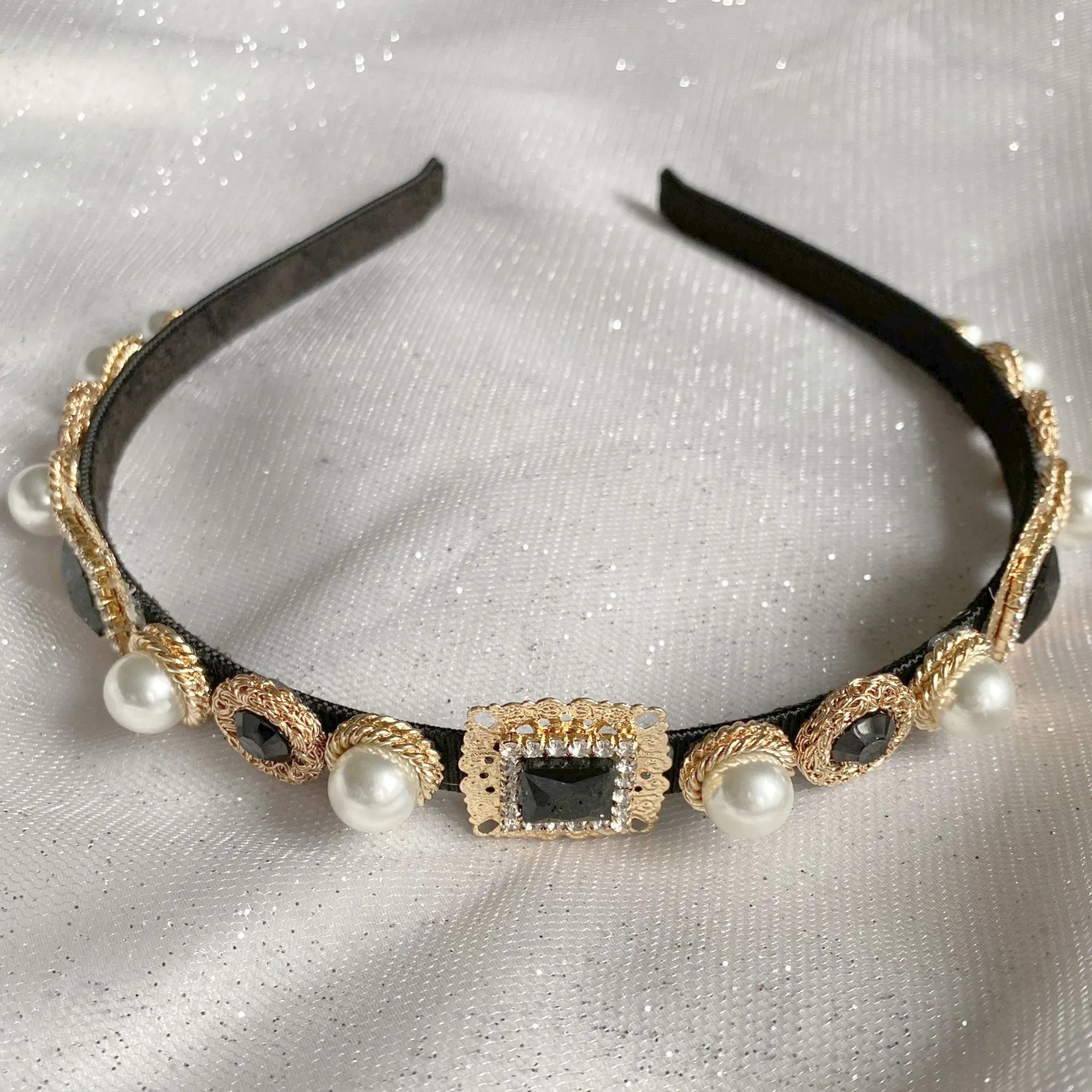 Black Headband with Pearls