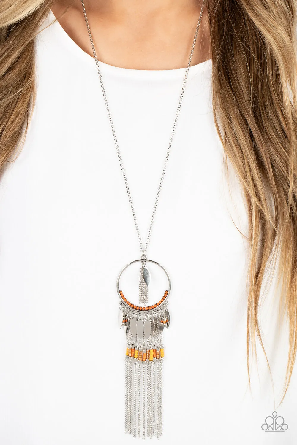 Dancing Dreamcatcher - Orange Necklace - Paparazzi Accessories