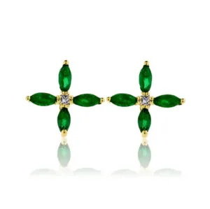 Four Marquise Shaped Emerald Gold Stud Earrings