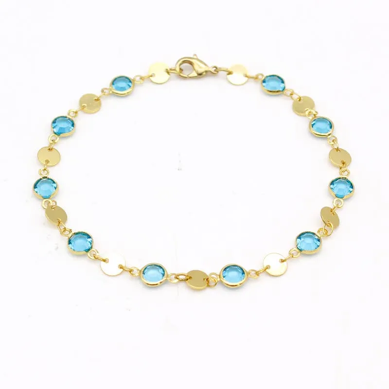 GOLD PLATED 18K HIGH POLISH FINISH AQUAMARINE CRYSTAL ANKLE