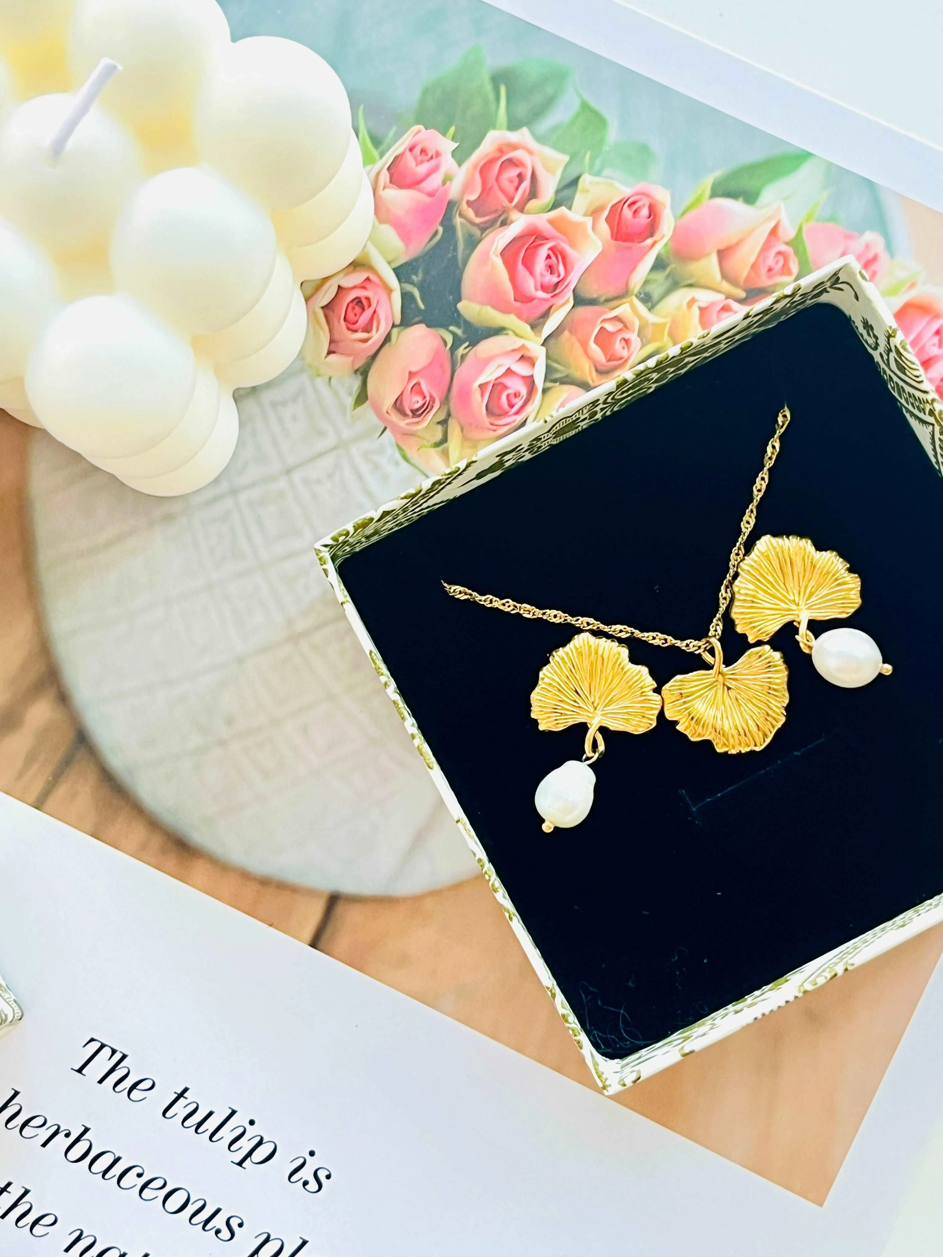 Golden Ginkgo Leaf Necklace and Freshwater Pearl Drop Earrings Set