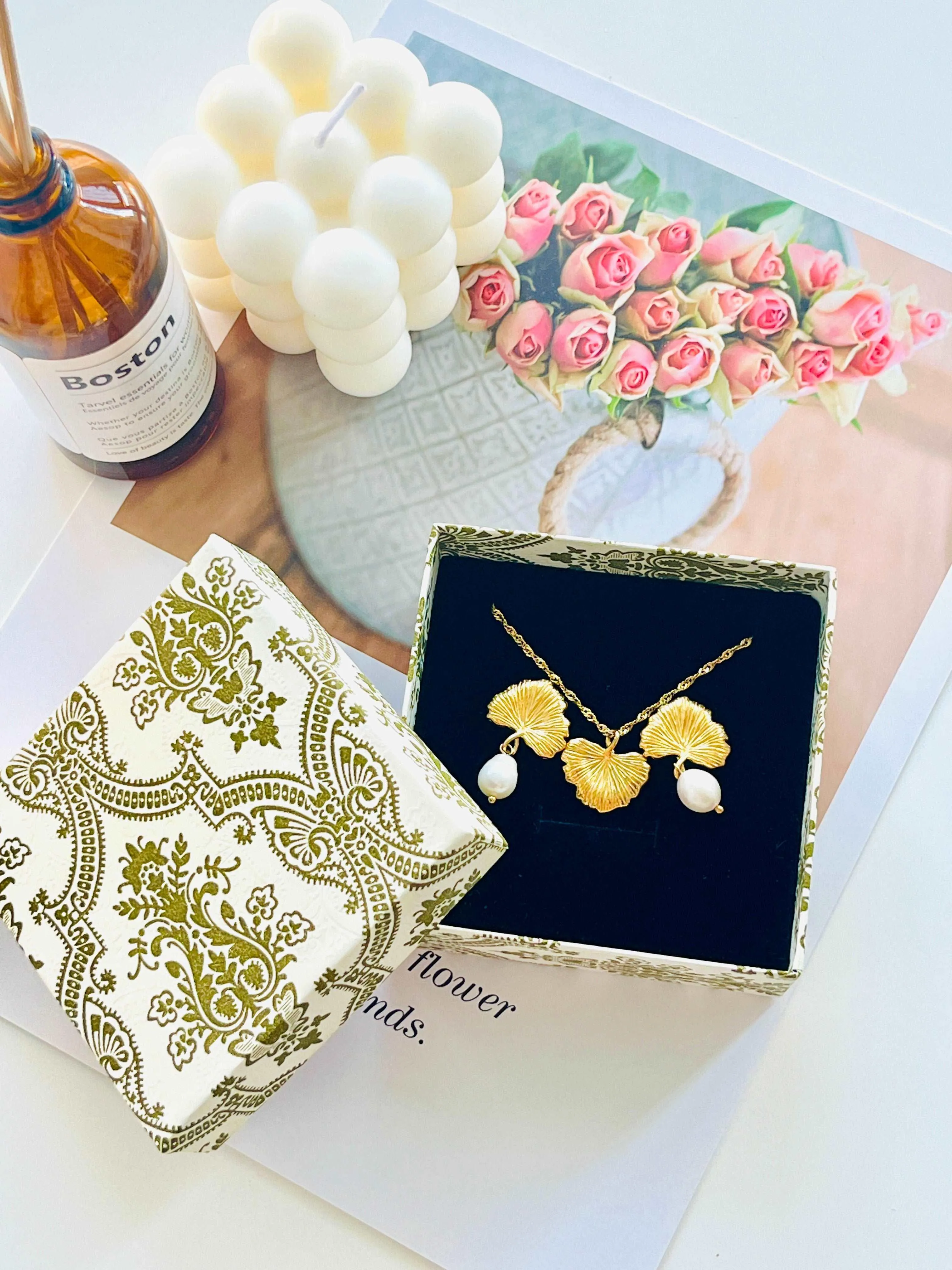 Golden Ginkgo Leaf Necklace and Freshwater Pearl Drop Earrings Set