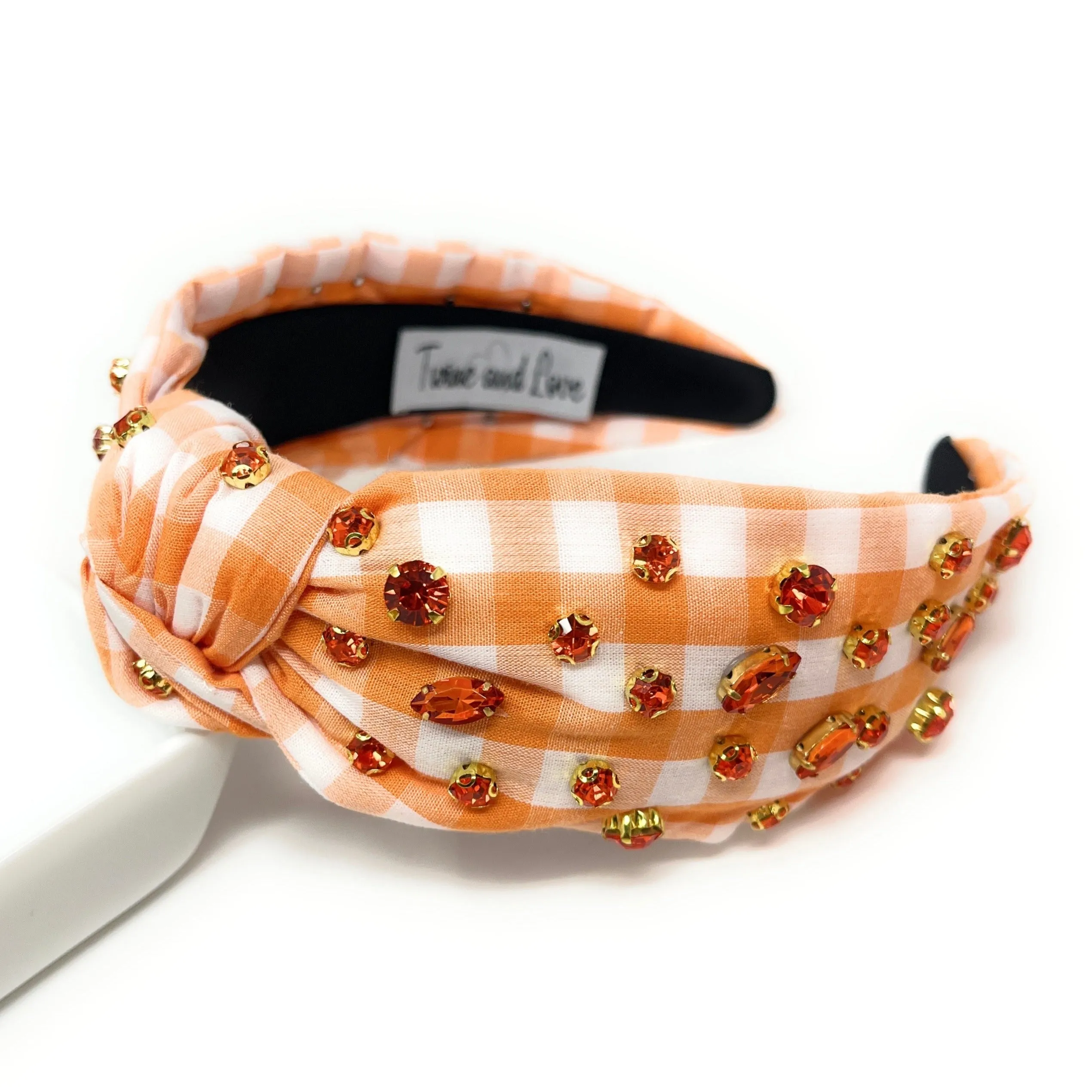 Orange Gingham Jeweled Knot Headband
