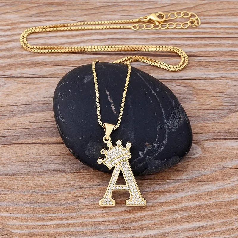 Personalized Zircon Crown A-Z Initial Letter Charm Necklace