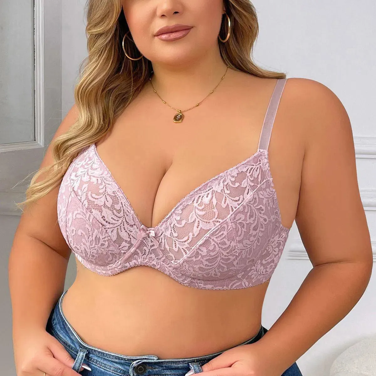 Plus Size Floral Lace Half-Transparent Bra | Breathable Unlined Thin Bra for Women