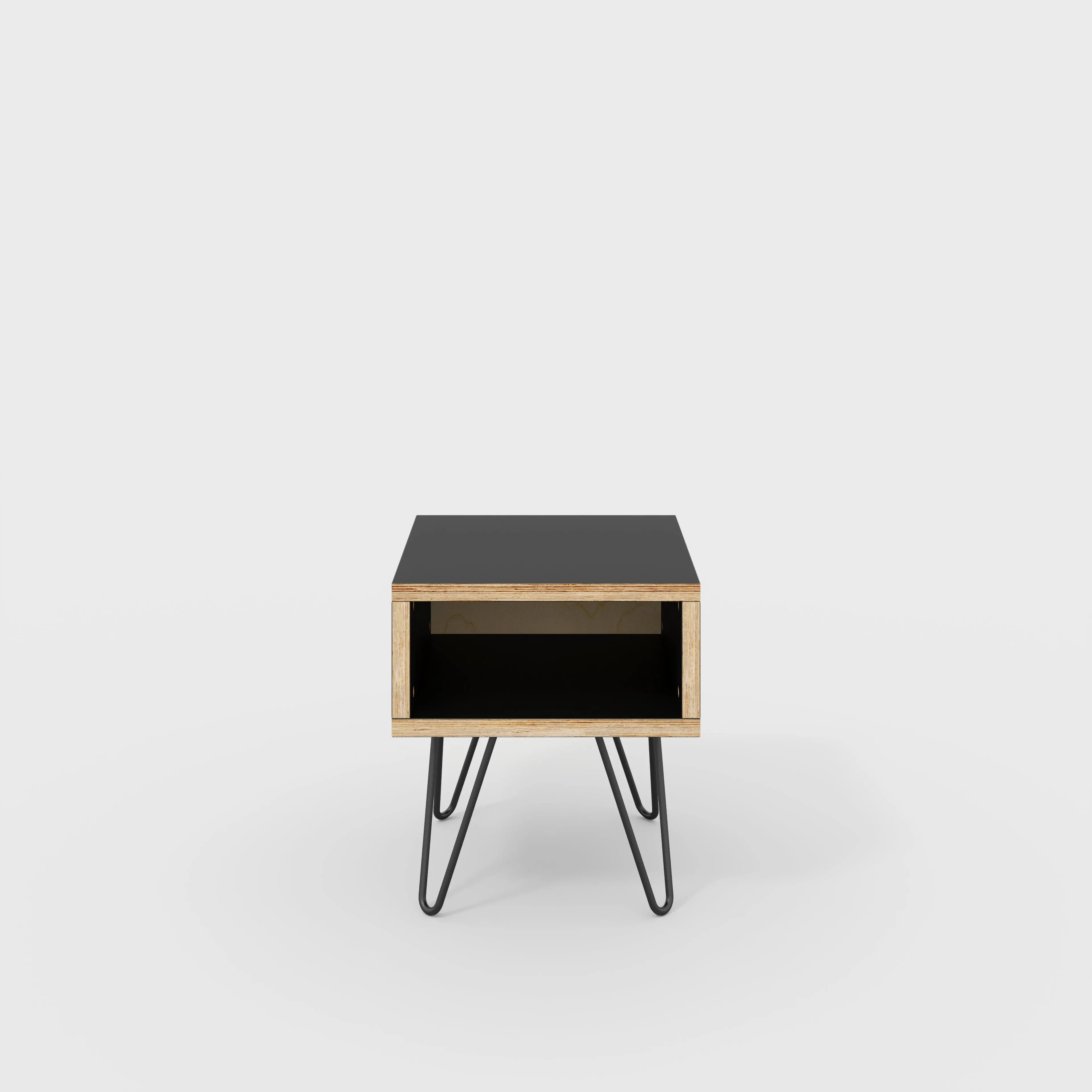 Plywood Bedside Table with Box Storage and Black Hairpin Legs - Formica Diamond Black - 400(w) x 400(d) x 450(h)