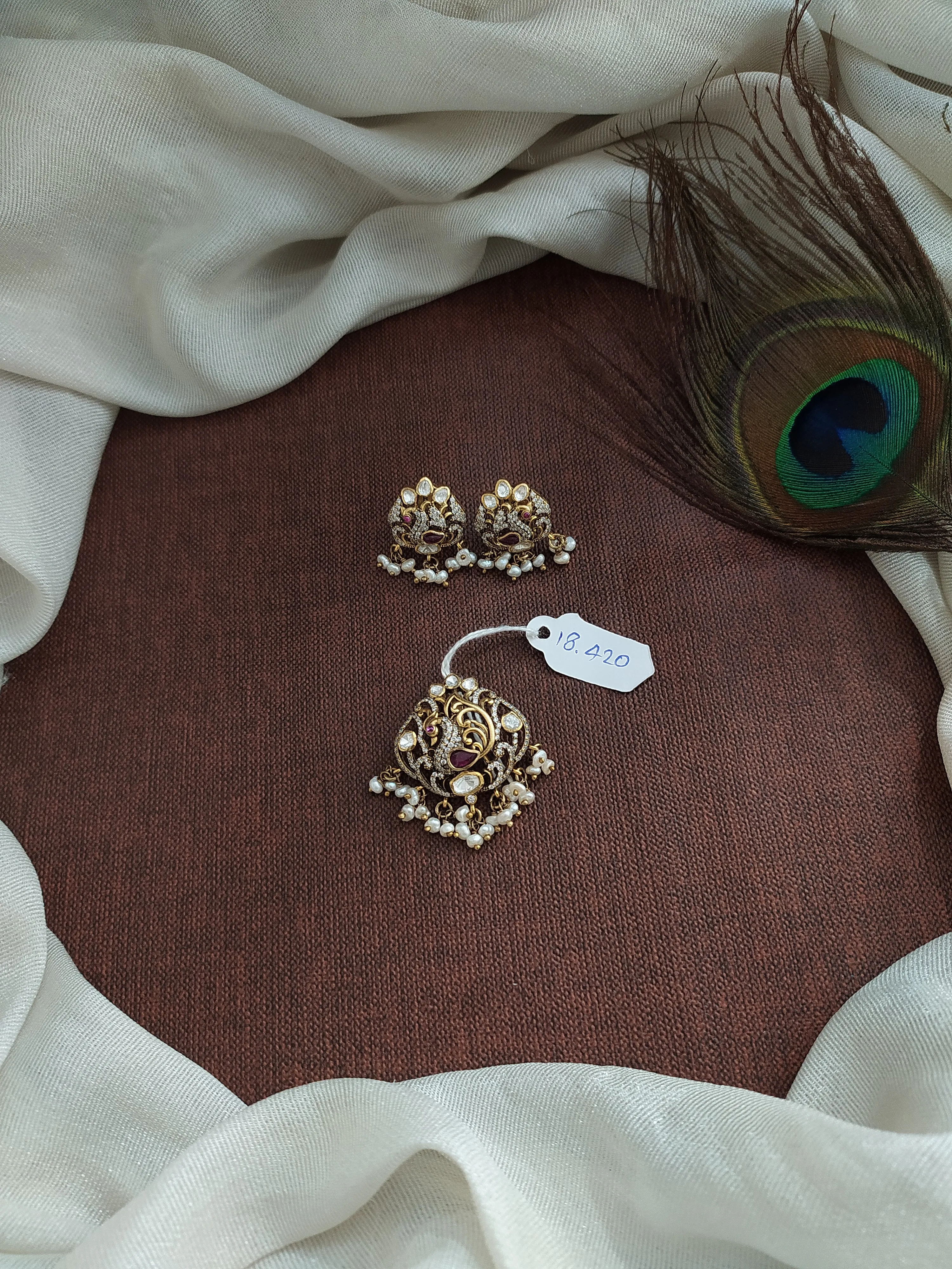 Pure Silver Antique Peacock Moissanite Pendant Set