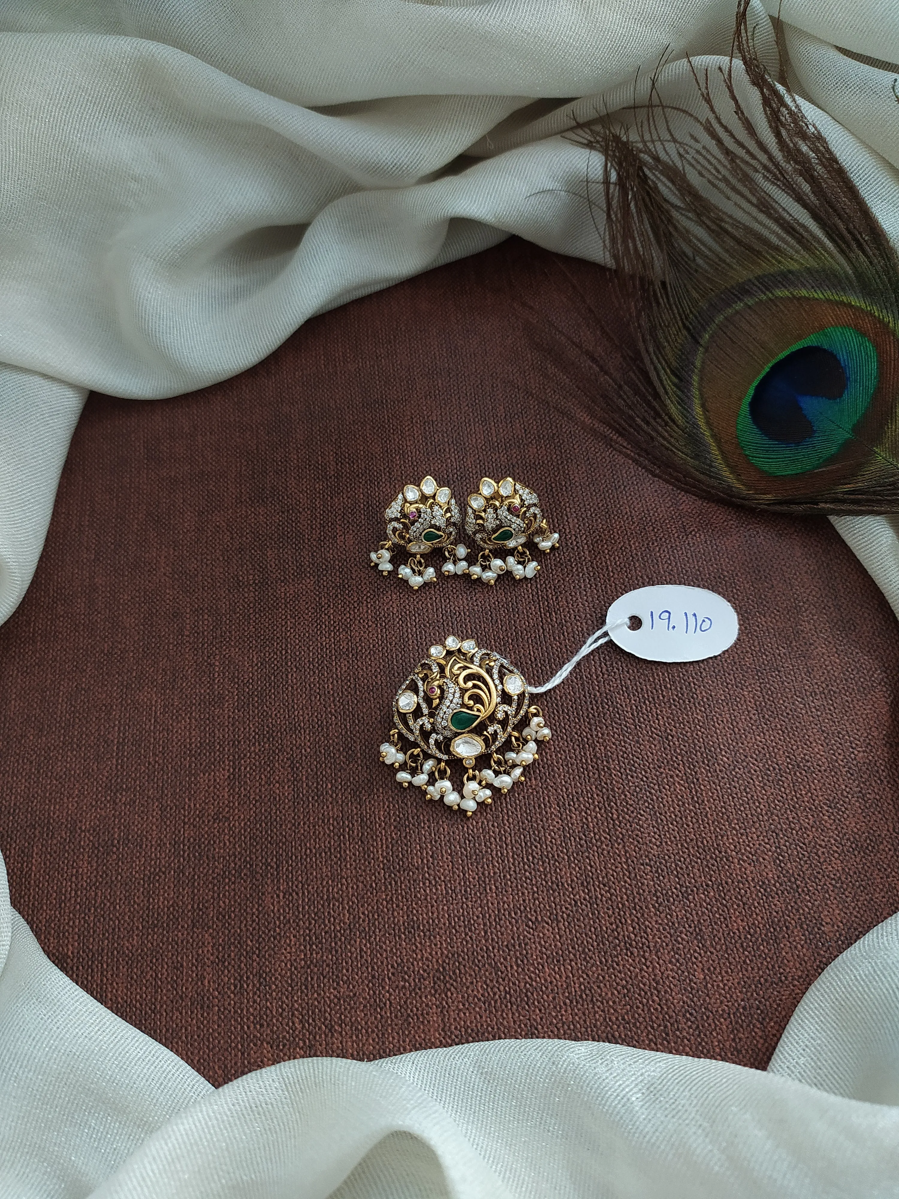 Pure Silver Antique Peacock Moissanite Pendant Set