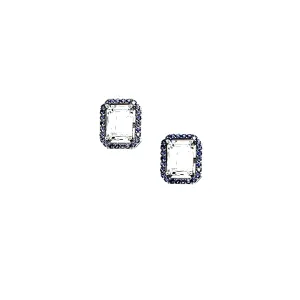 Sterling Silver Emerald Cut Blue Halo and Clear CZ Stud Earrings