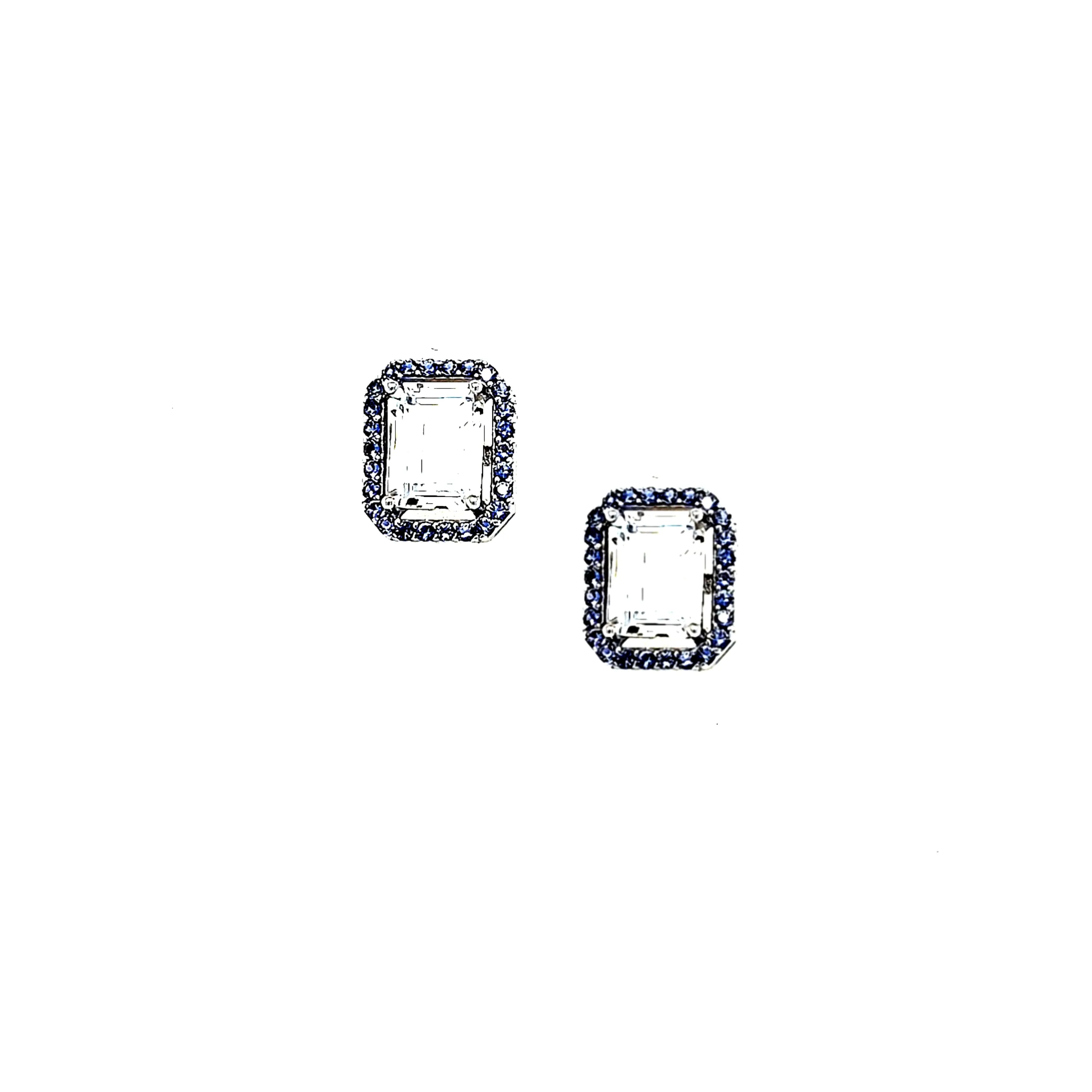 Sterling Silver Emerald Cut Blue Halo and Clear CZ Stud Earrings