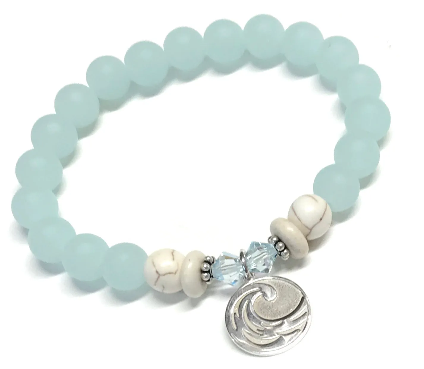 Sterling Silver Wave Charm Bracelet - Light Seafoam Beads