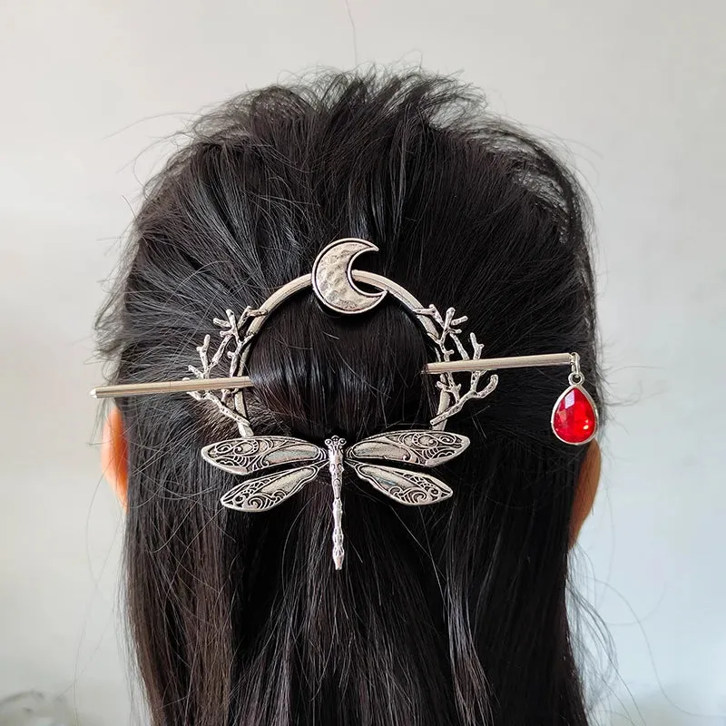 Witch Crescent Moon Cicada Butterfly Hair Barrette Woodland Pagan Hairpin for women wicca Gift