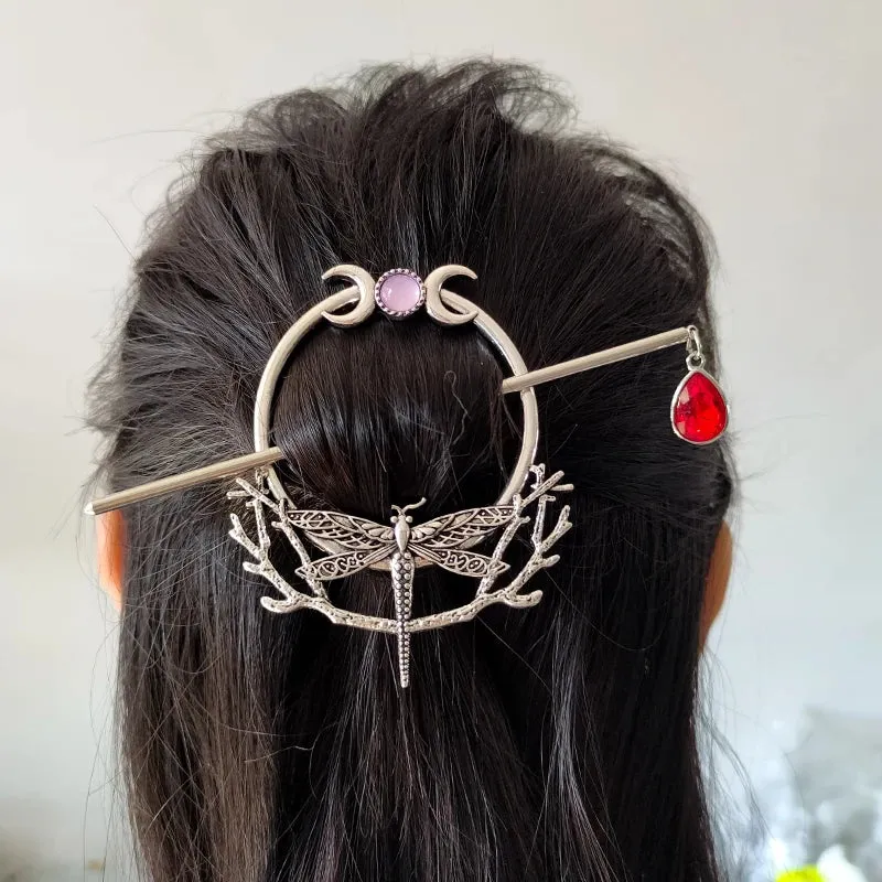 Witch Crescent Moon Cicada Butterfly Hair Barrette Woodland Pagan Hairpin for women wicca Gift