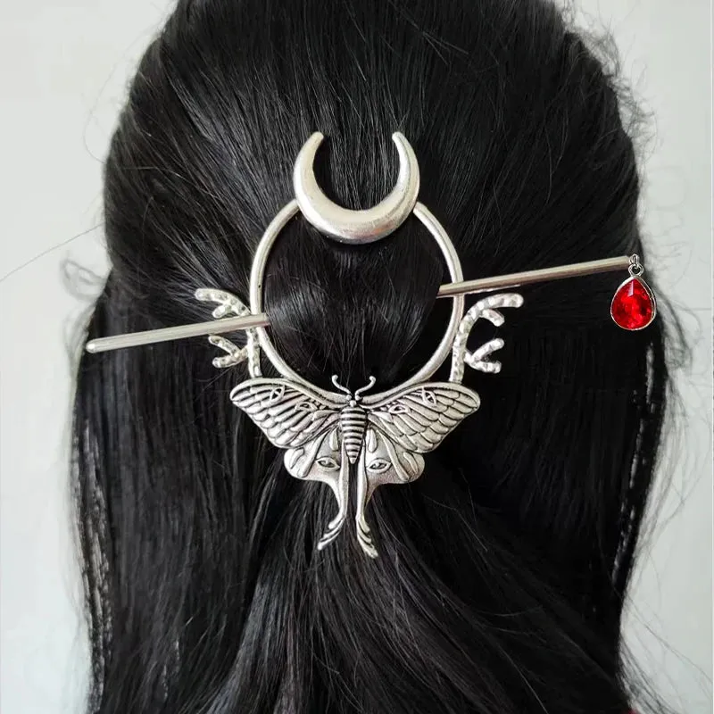 Witch Crescent Moon Cicada Butterfly Hair Barrette Woodland Pagan Hairpin for women wicca Gift
