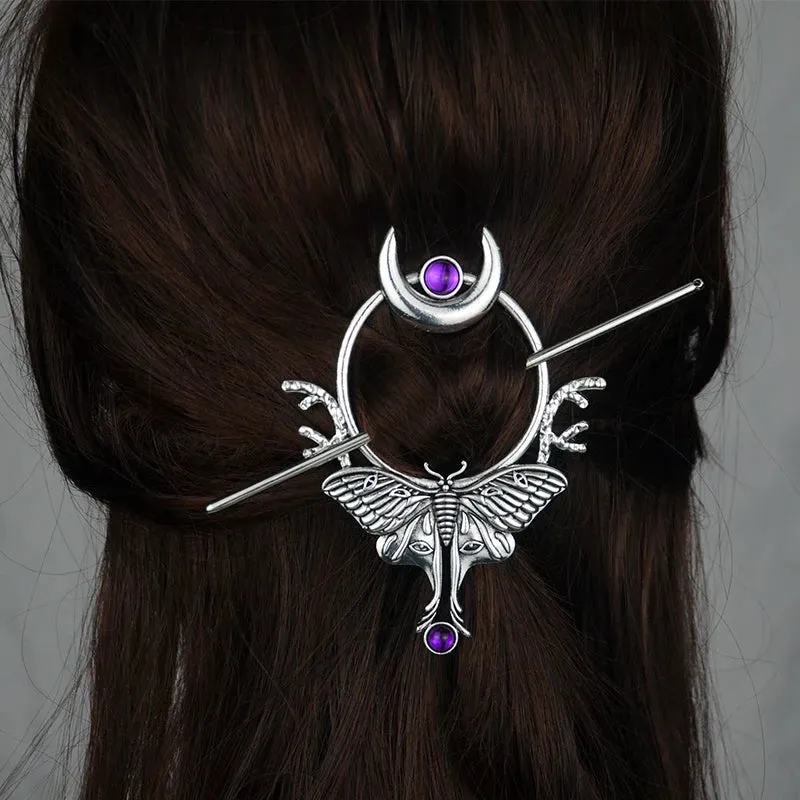 Witch Crescent Moon Cicada Butterfly Hair Barrette Woodland Pagan Hairpin for women wicca Gift